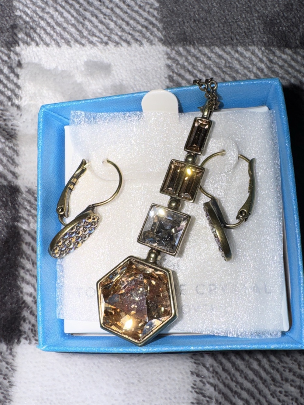Gold-Tone Brown Crystal Pendant Necklace and Earring Set